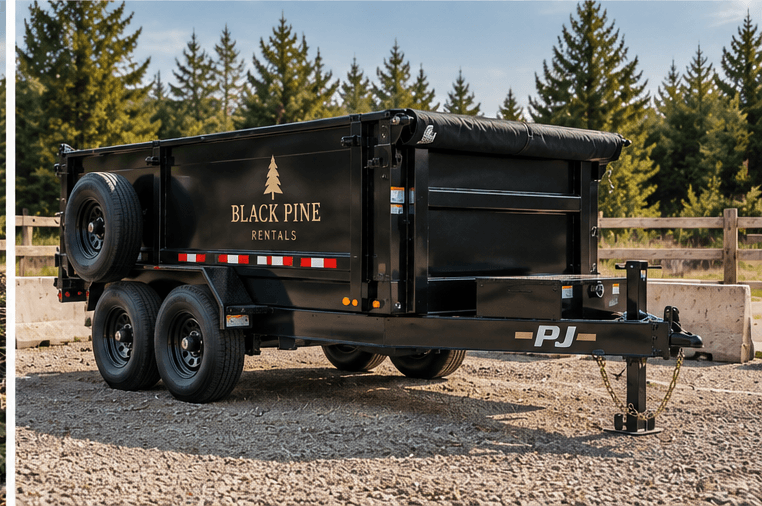 Black Pine Rentals dump trailer parked on gravel with pine trees in the background.