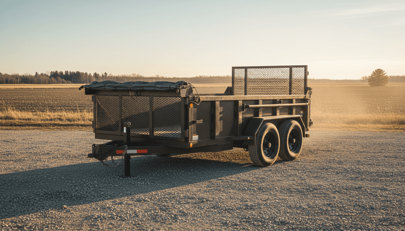 Heavy-duty dump trailer parked on a gravel lot at golden hour