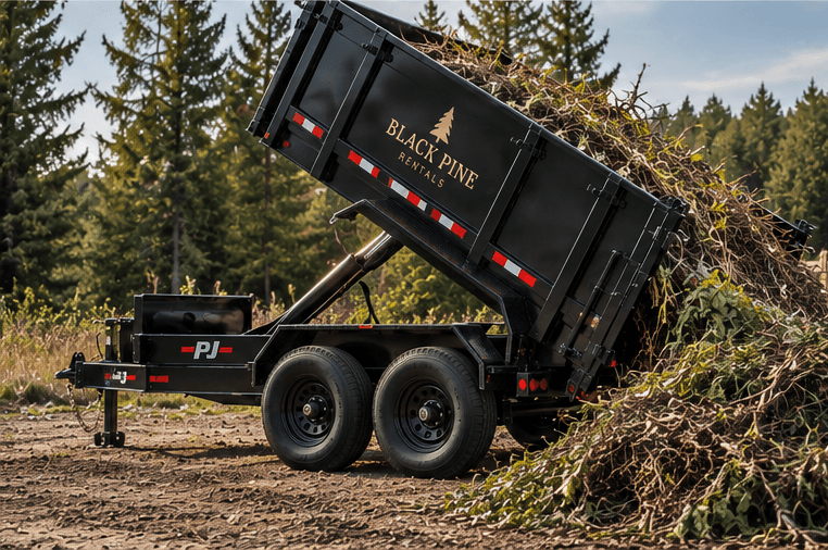 Black Pine Rentals PJ dump trailer unloading a pile of brush in a wooded area.