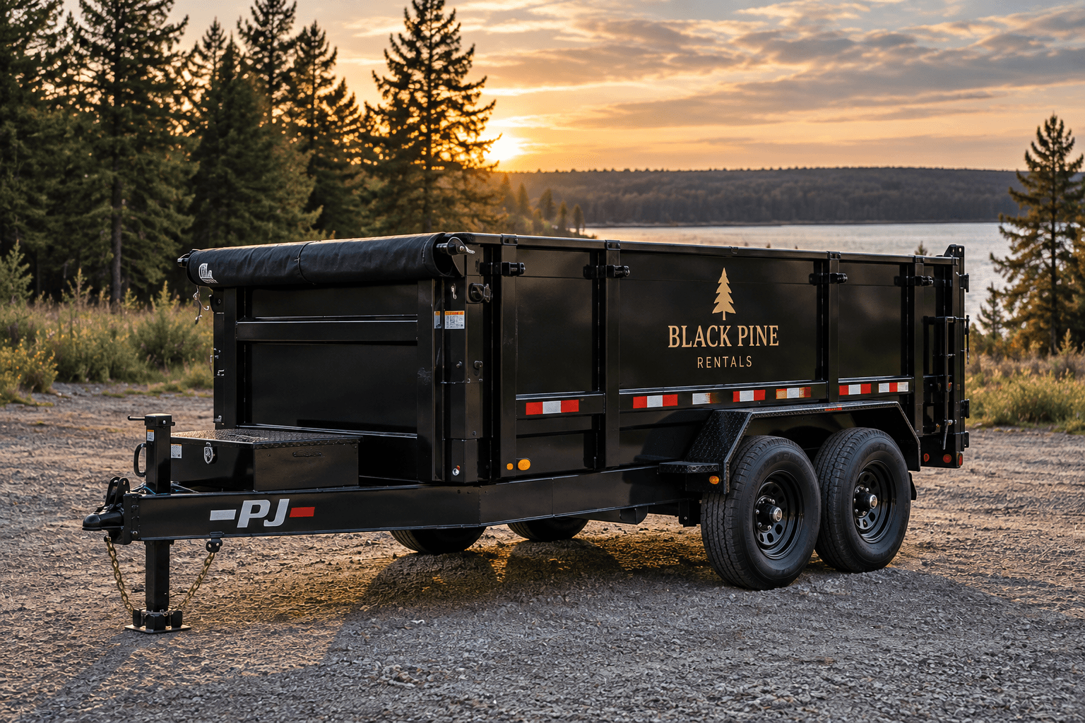 Black utility trailer with Black Pine Rentals logo parked near a lake at sunset.