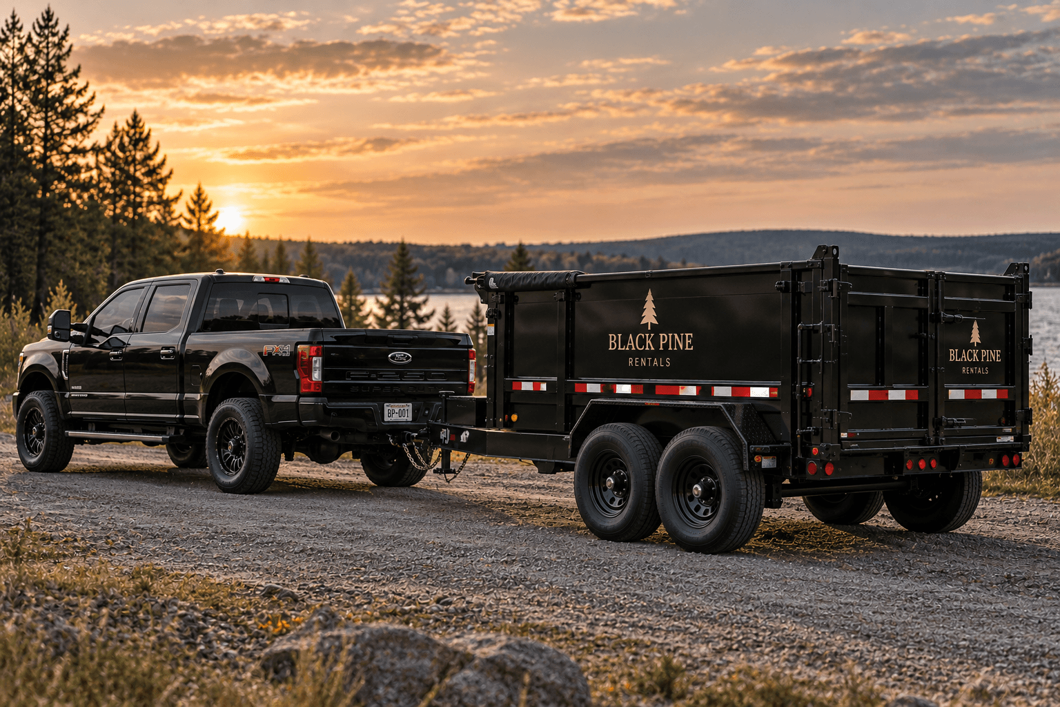 Black Ford truck towing a Black Pine Rentals dump trailer on gravel at sunset.