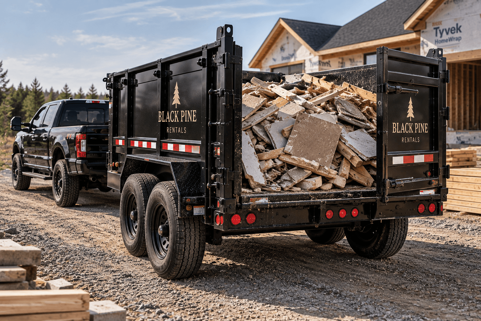 Black Pine Rentals dump trailer filled with construction debris, towed by a black pickup truck.